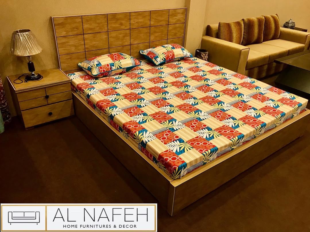 Low profile checkered and lining design bedset in diyar colour with 2 side tables, Dressing and mirror